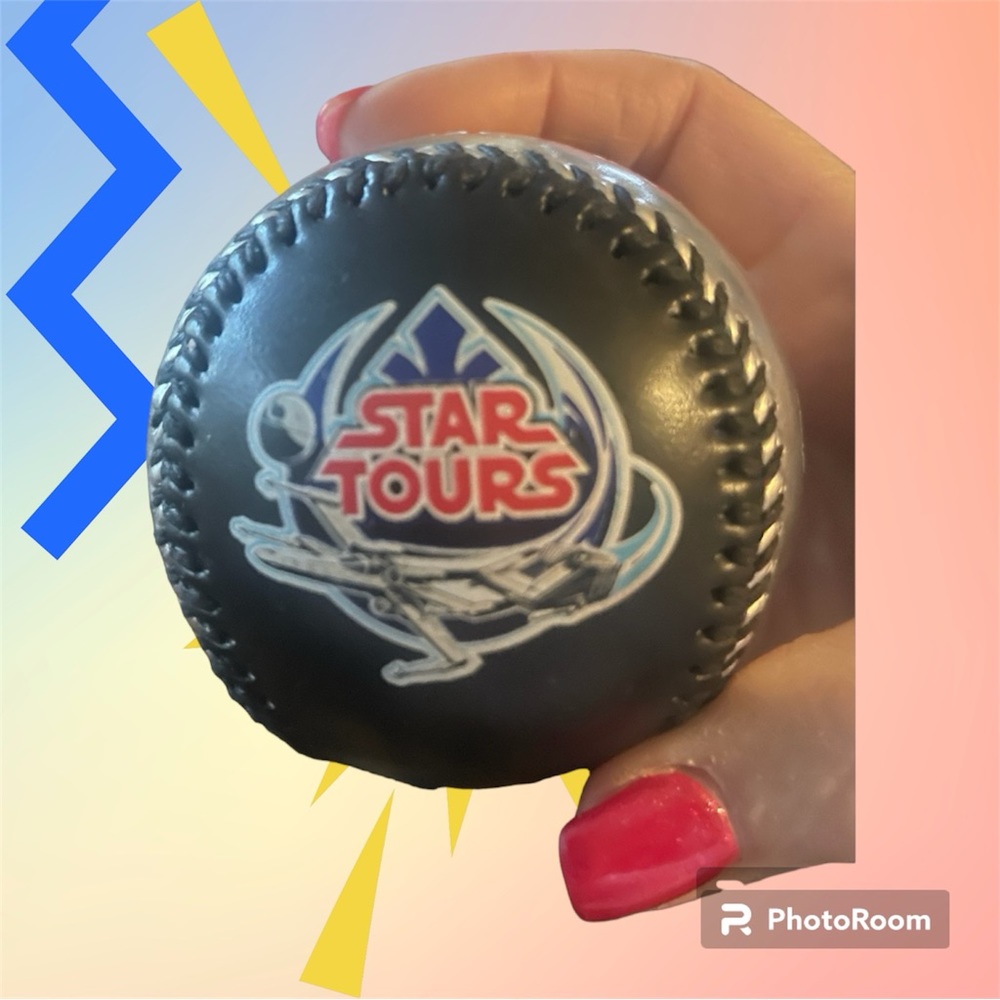 EUC. Authentic Disney World Star Tours Souvenir Baseball. Silver & Black Leather